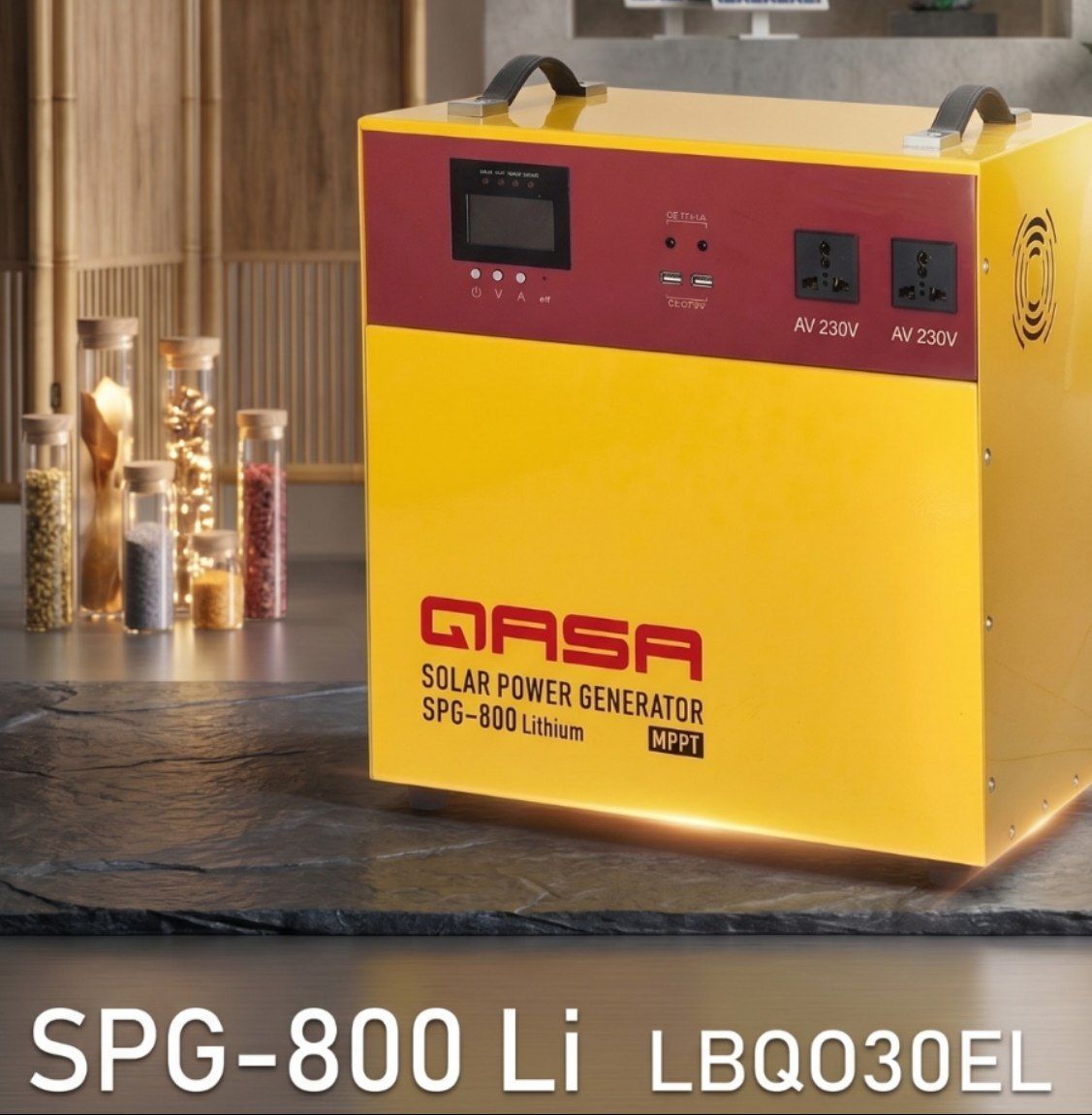 Qasa SPG-800 Lithium Solar Power Generator with a rated power of 800W.It features integrated lithium battery storage and an MPPT solar charge controller for efficient solar charging.The unit includes multiple output ports, specifically two 230V AC outlets and USB charging ports for various devices.It is designed to power essential household appliances such as fans, TVs, lighting, and inverter refrigerators.