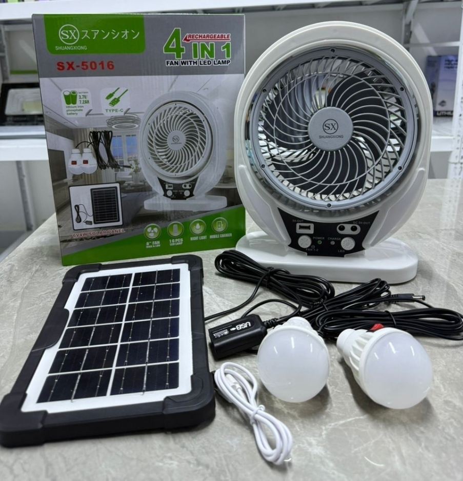 8 inches table fan... High breeze Long lasting battery. Led lamp