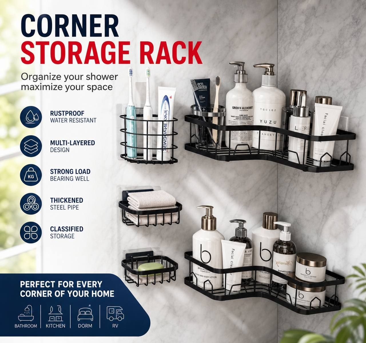 Corner bathroom storage rack
